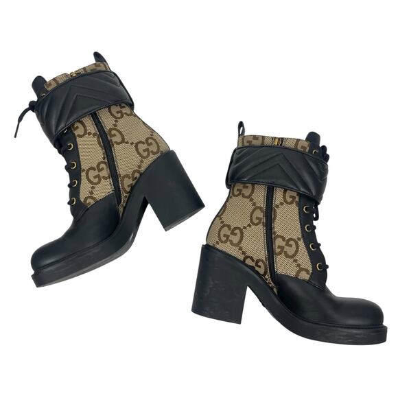 Gucci Flores Calfskin Monogram Double GG Ankle Boots Camel Ebony Size 36 - Picture 6 of 16